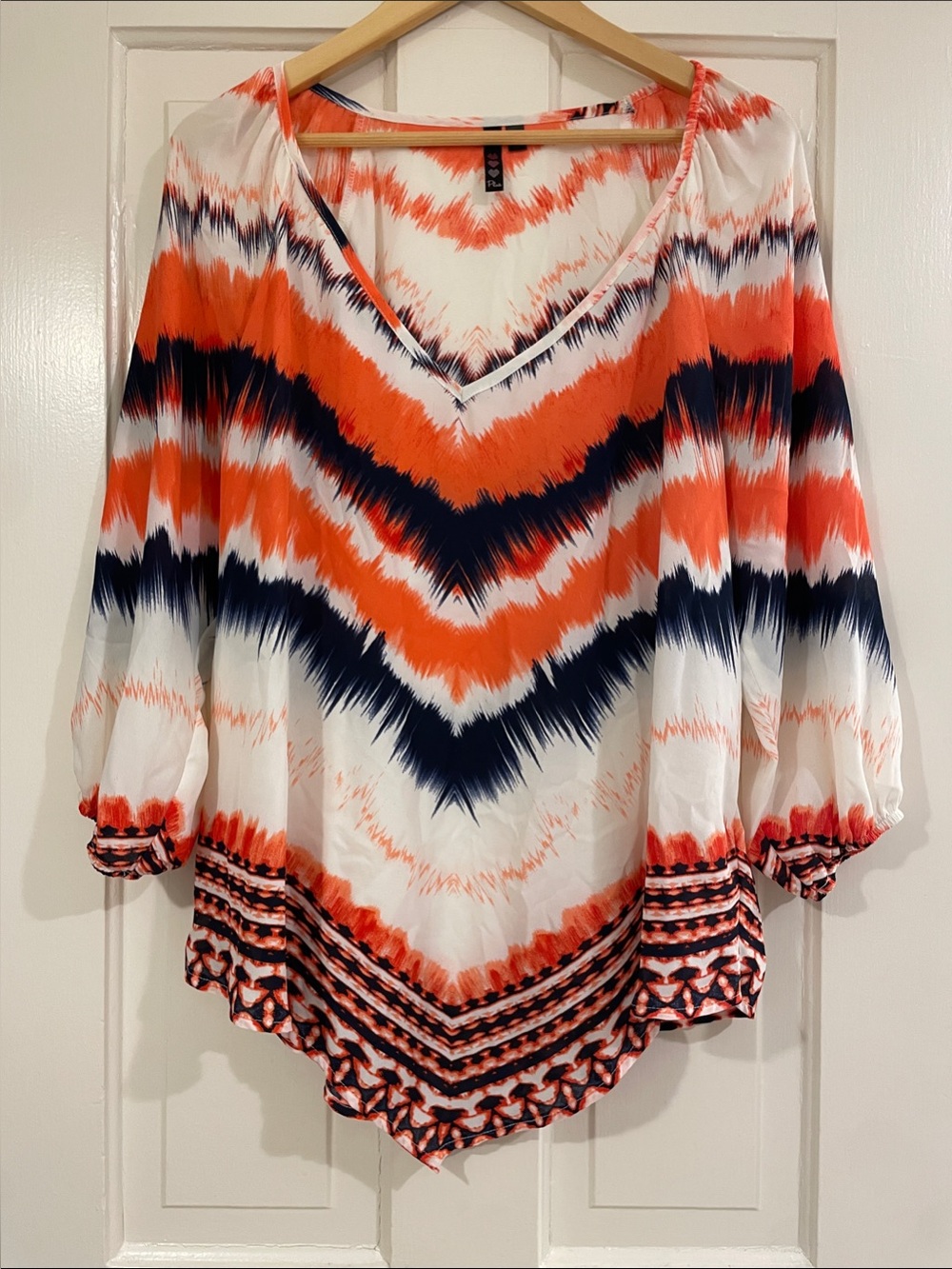 V-Neck Chevron Tie-Dye Blouse in Orange, Navy & White